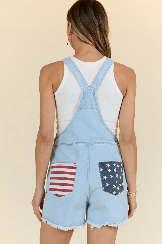From The Heartland Light Wash Relaxed Fit Flag Detail Denim Overalls