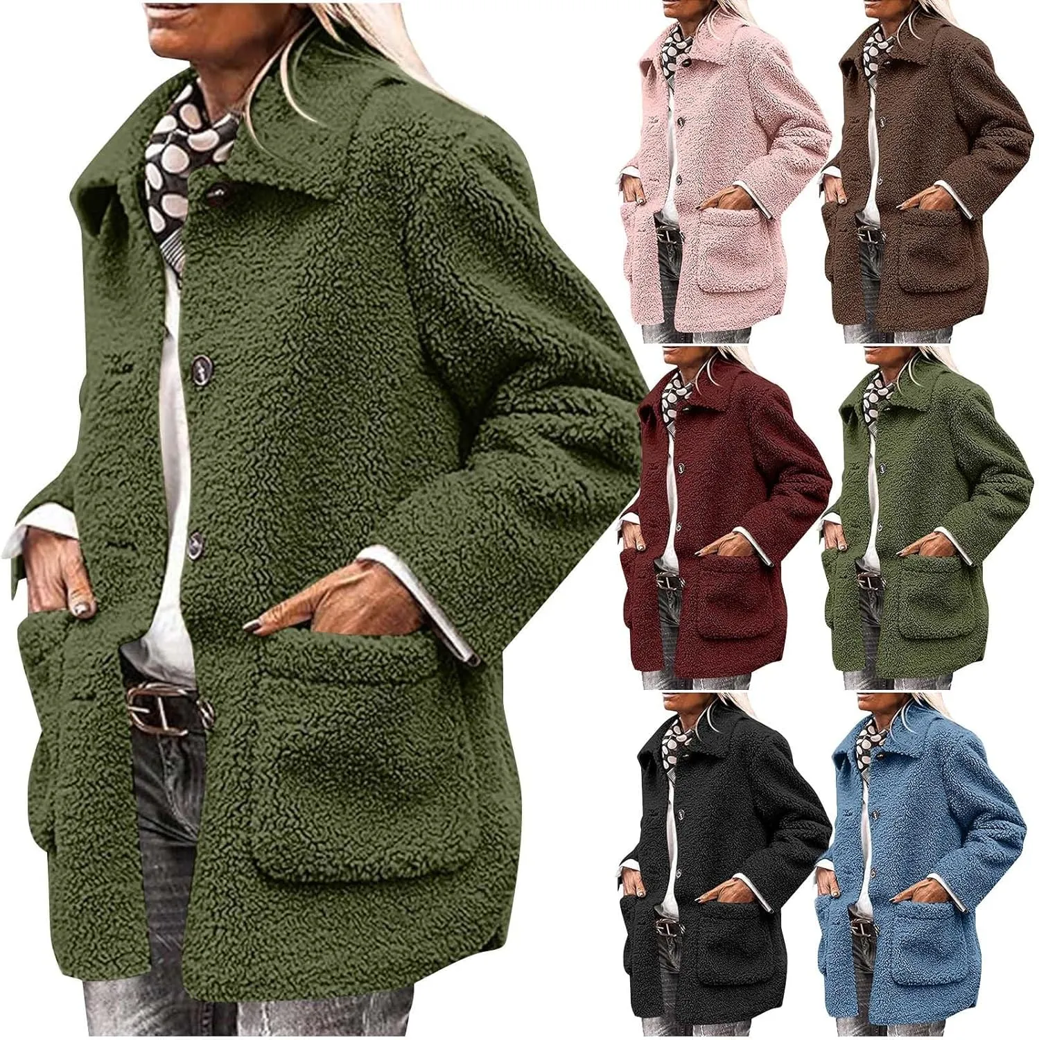 Fuzzy Fleece Jacket for Women Plus Size Button Down Lapel Sherpa Coats with Pocket Fluffy Winter Outerwear Warm Coat