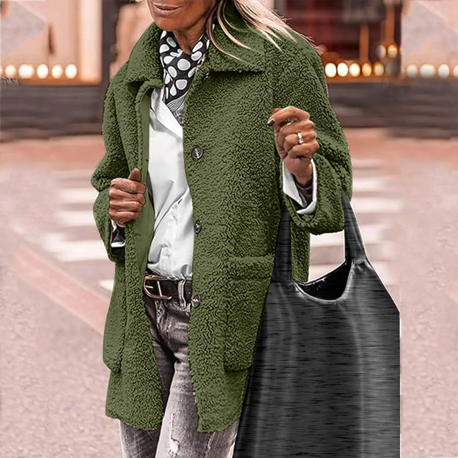Fuzzy Fleece Jacket for Women Plus Size Button Down Lapel Sherpa Coats with Pocket Fluffy Winter Outerwear Warm Coat