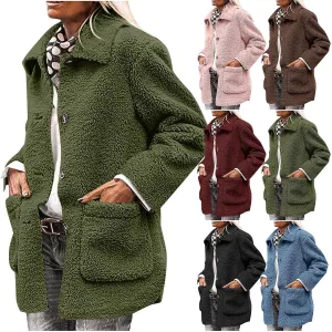 Fuzzy Fleece Jacket for Women Plus Size Button Down Lapel Sherpa Coats with Pocket Fluffy Winter Outerwear Warm Coat