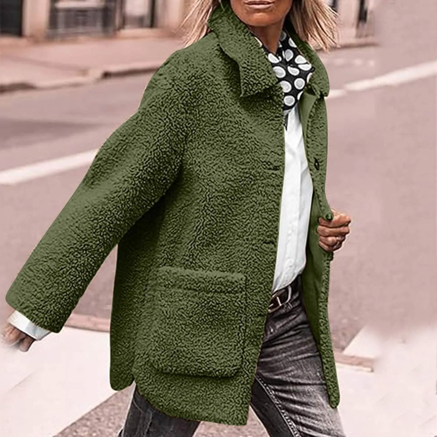 Fuzzy Fleece Jacket for Women Plus Size Button Down Lapel Sherpa Coats with Pocket Fluffy Winter Outerwear Warm Coat