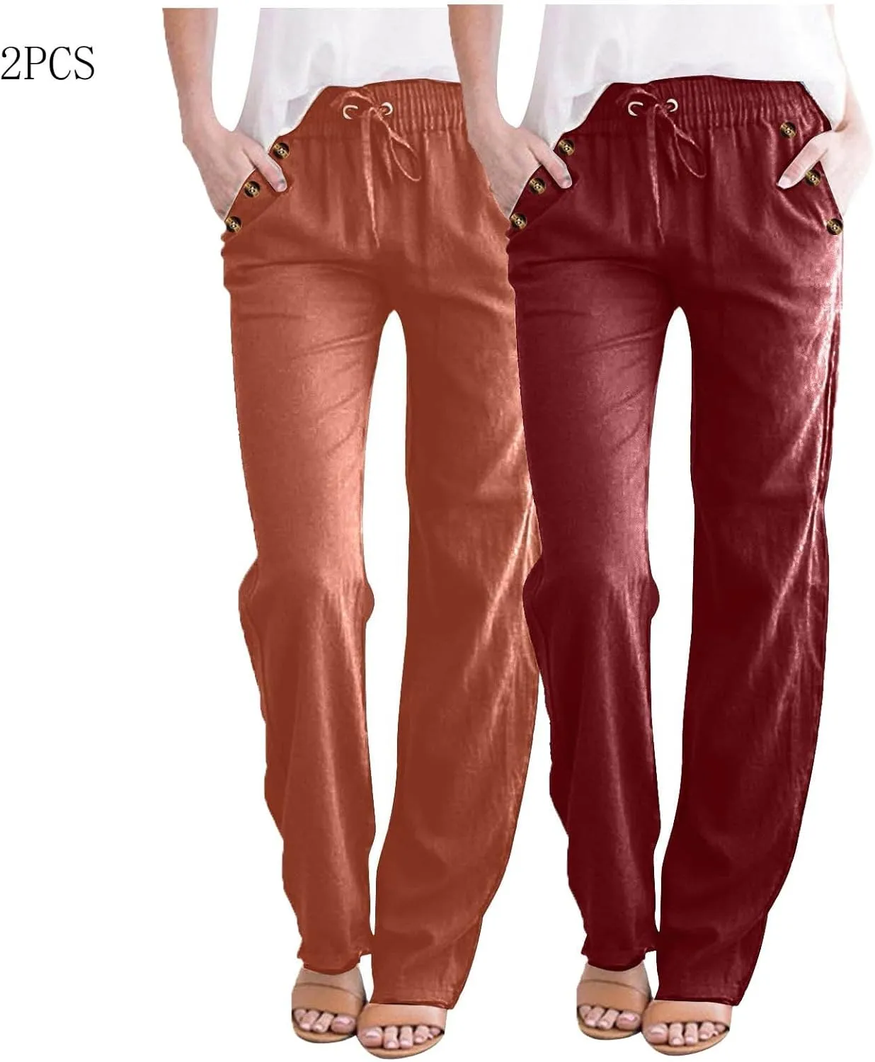 FZYLQY 2PC Womens Casual Loose Elastic Waist Linen Pants 2025 Loose Fit Trousers with Pockets Loose Flowy Yoga Sweatpants