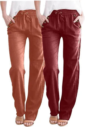 FZYLQY 2PC Womens Casual Loose Elastic Waist Linen Pants 2025 Loose Fit Trousers with Pockets Loose Flowy Yoga Sweatpants