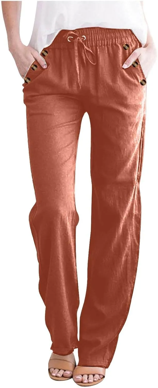 FZYLQY 2PC Womens Casual Loose Elastic Waist Linen Pants 2025 Loose Fit Trousers with Pockets Loose Flowy Yoga Sweatpants