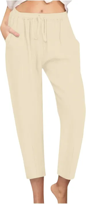 FZYLQY Cotton Linen Pants for Women 2025 Trendy Beach Pants Straight Fit Elastic Waisted Drawsting Trousers with Pockets