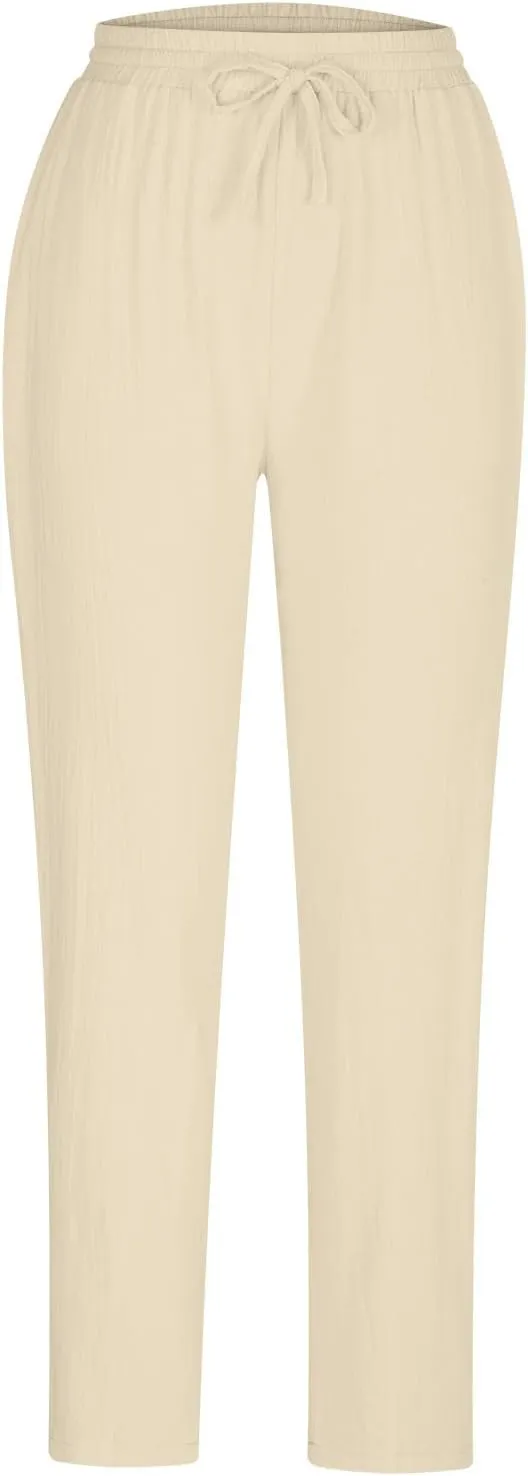 FZYLQY Cotton Linen Pants for Women 2025 Trendy Beach Pants Straight Fit Elastic Waisted Drawsting Trousers with Pockets
