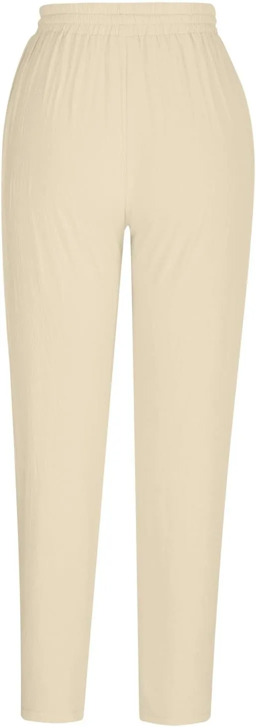 FZYLQY Cotton Linen Pants for Women 2025 Trendy Beach Pants Straight Fit Elastic Waisted Drawsting Trousers with Pockets