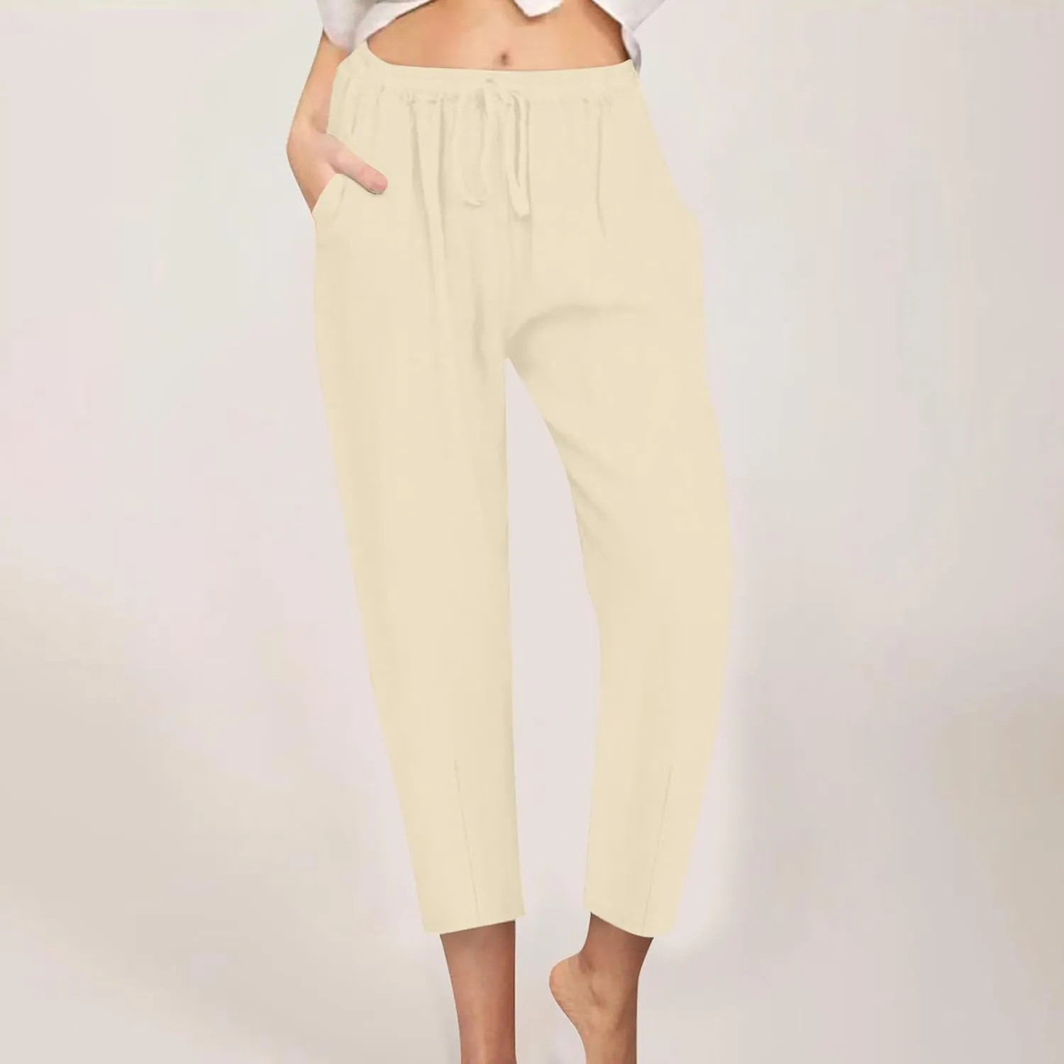 FZYLQY Cotton Linen Pants for Women 2025 Trendy Beach Pants Straight Fit Elastic Waisted Drawsting Trousers with Pockets