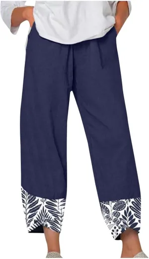 FZYLQY Cotton Linen Pants for Womens Wide Leg Elastic Waist Capri Pants Casual Loose Palazzo Petal Cropped Trousers Pockets
