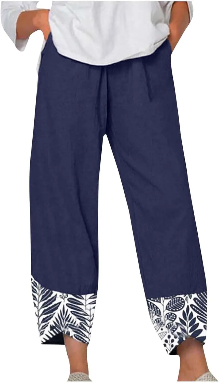 FZYLQY Cotton Linen Pants for Womens Wide Leg Elastic Waist Capri Pants Casual Loose Palazzo Petal Cropped Trousers Pockets