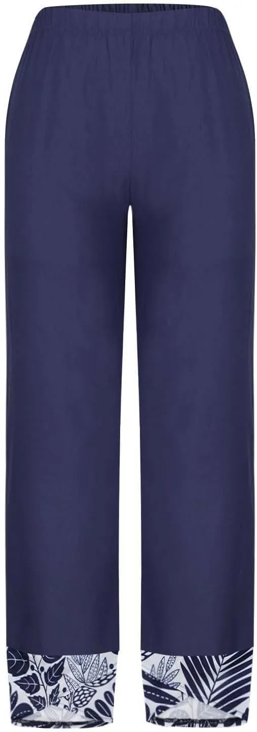 FZYLQY Cotton Linen Pants for Womens Wide Leg Elastic Waist Capri Pants Casual Loose Palazzo Petal Cropped Trousers Pockets