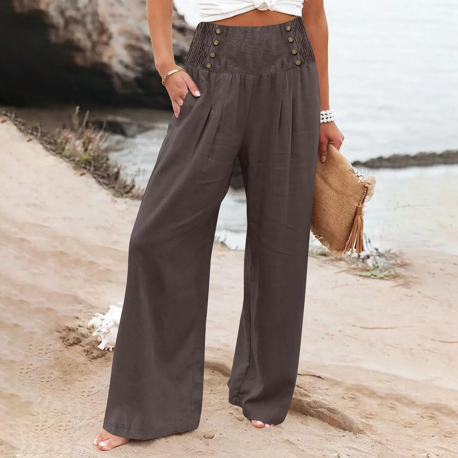 FZYLQY Linen Pants for Women Comfy Flowy Wide Leg Pants Trousers Summer High Waisted Beach Palazzo Pants with Pockets 2025
