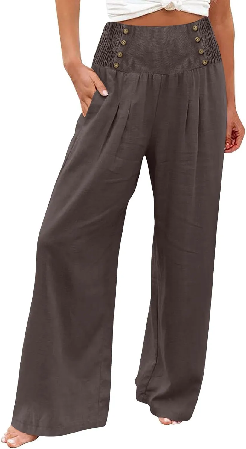 FZYLQY Linen Pants for Women Comfy Flowy Wide Leg Pants Trousers Summer High Waisted Beach Palazzo Pants with Pockets 2025