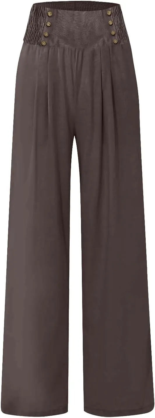 FZYLQY Linen Pants for Women Comfy Flowy Wide Leg Pants Trousers Summer High Waisted Beach Palazzo Pants with Pockets 2025