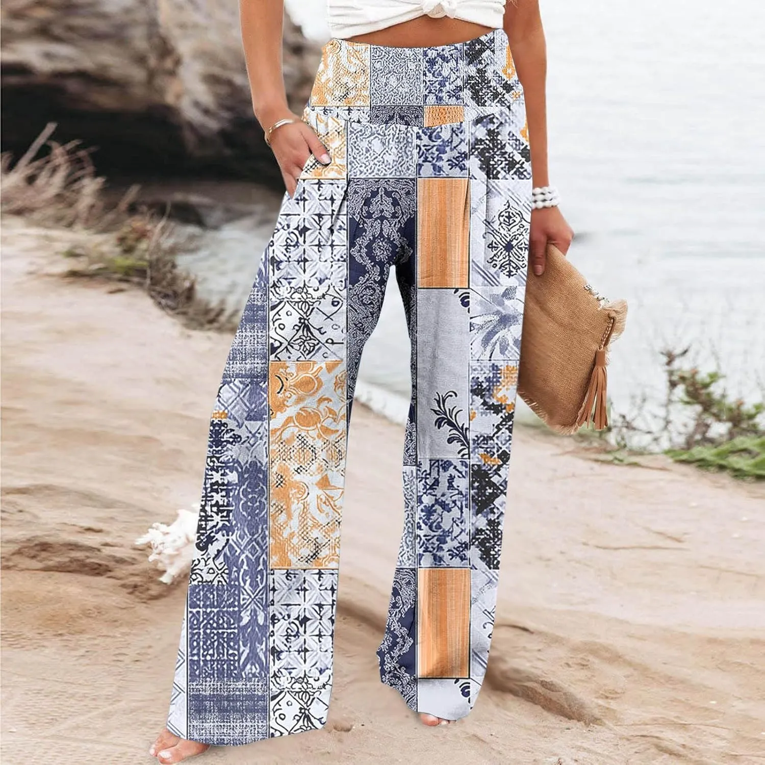 FZYLQY Wide Leg Pants for Women Dressy Button High Waisted Business Pants Summer Casual Work Beach Pants Trousers with Pocket