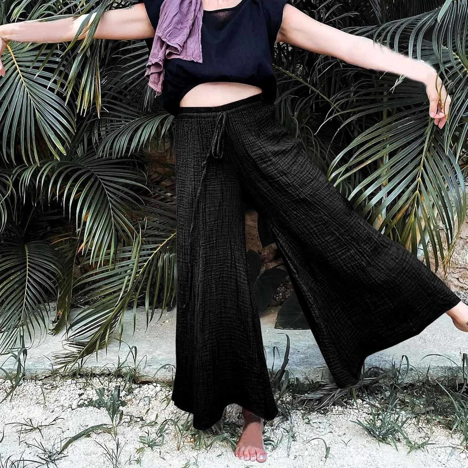 FZYLQY Women's Linen Pants Bell-Bottoms Tie Knot Trousers Slacks Summer Beach Loose Flowy Capri Pants Palazzo Lounge Pants