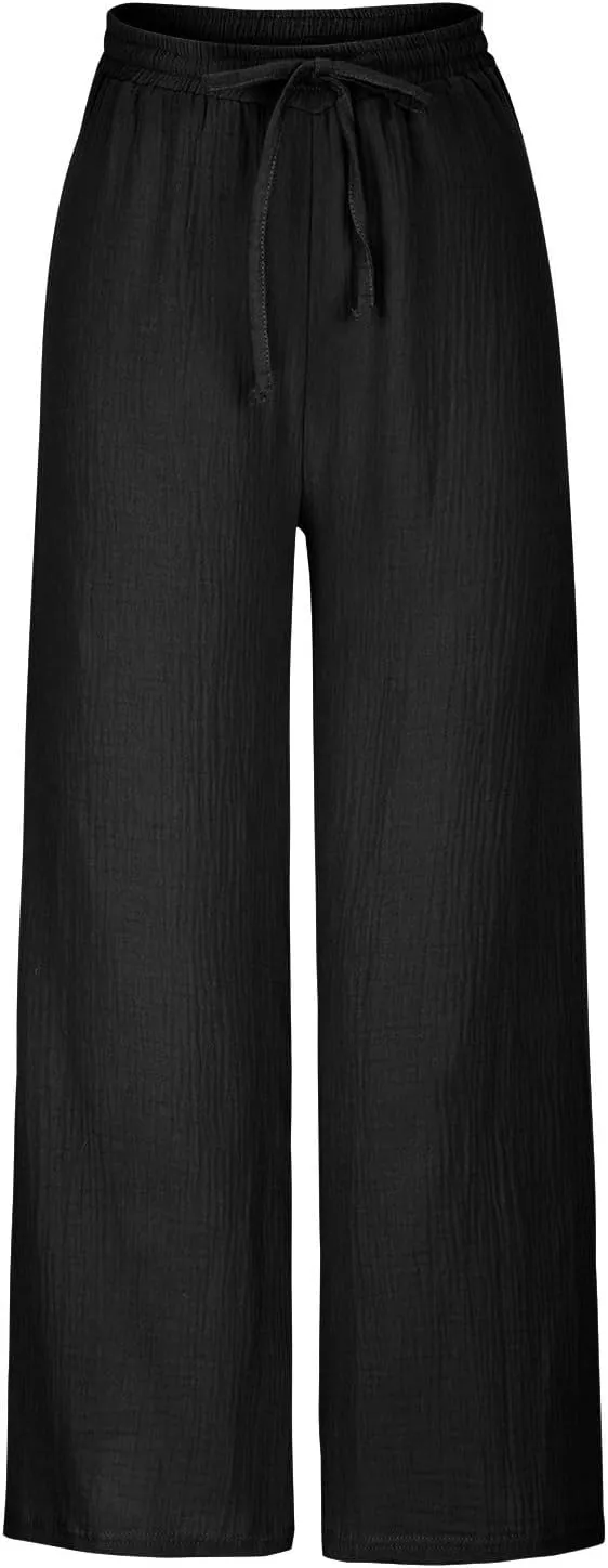 FZYLQY Women's Linen Pants Bell-Bottoms Tie Knot Trousers Slacks Summer Beach Loose Flowy Capri Pants Palazzo Lounge Pants