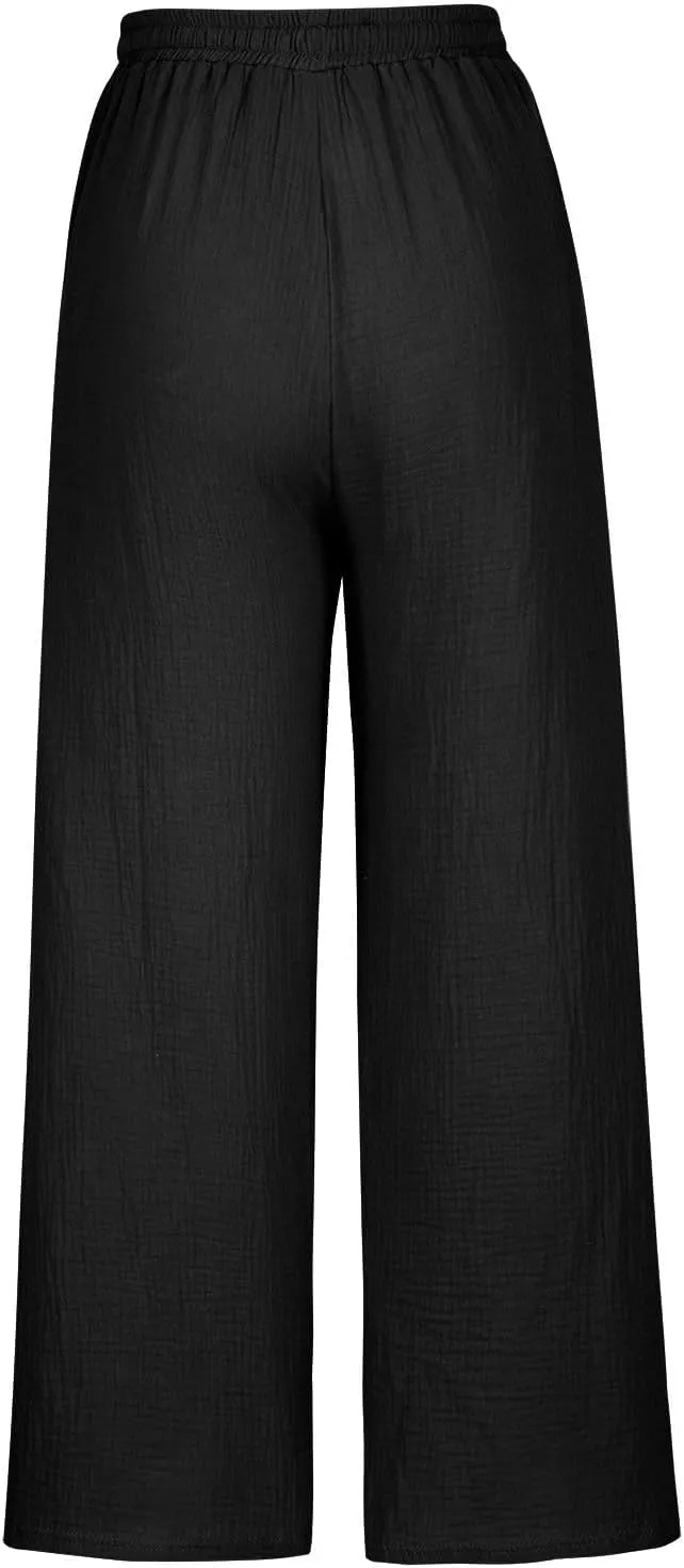 FZYLQY Women's Linen Pants Bell-Bottoms Tie Knot Trousers Slacks Summer Beach Loose Flowy Capri Pants Palazzo Lounge Pants