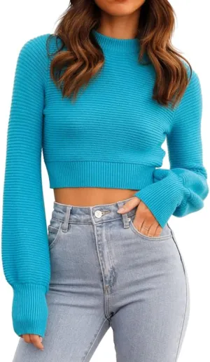 GeGekoko Womens Sexy Crew Neck Cropped Sweaters Ribbed Knit Long Sleeve Crop Tops Pullover