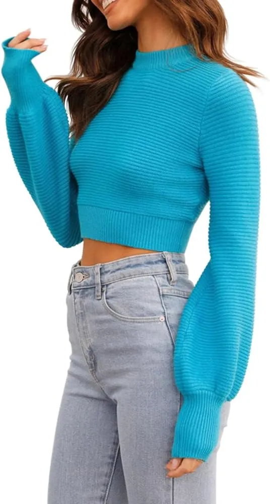 GeGekoko Womens Sexy Crew Neck Cropped Sweaters Ribbed Knit Long Sleeve Crop Tops Pullover