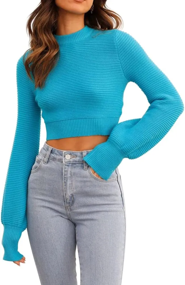 GeGekoko Womens Sexy Crew Neck Cropped Sweaters Ribbed Knit Long Sleeve Crop Tops Pullover