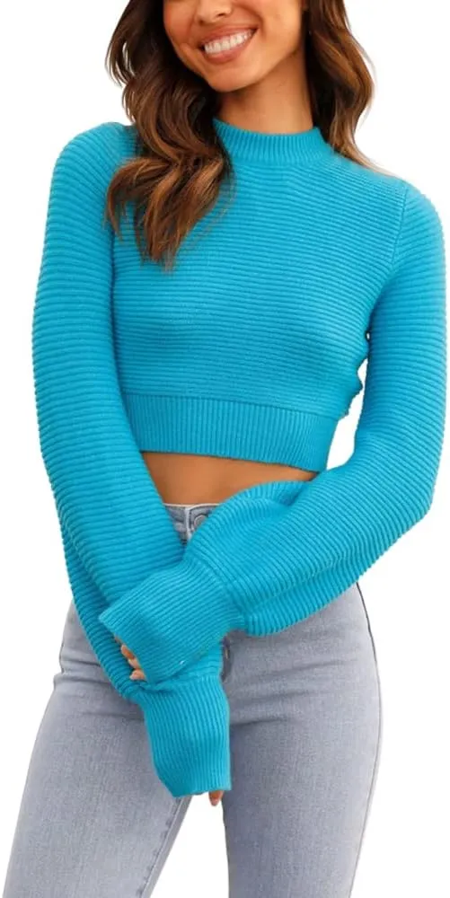 GeGekoko Womens Sexy Crew Neck Cropped Sweaters Ribbed Knit Long Sleeve Crop Tops Pullover