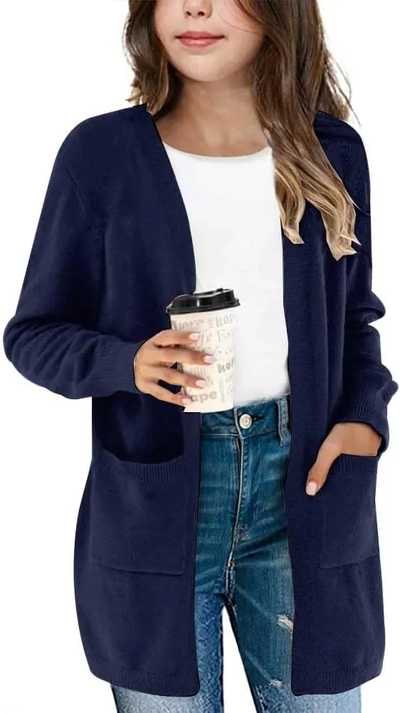 Girl's Open Front Cardigan Long Sleeve Knit Sweaters Kids Solid Cute Casual Loose Outerwear Coats with Pockets