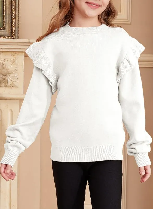 Girls Sweaters Cute Crewneck Ruffle Long Sleeve Knit Pullover Sweater Tops 6-15 Years