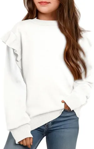 Girls Sweaters Cute Crewneck Ruffle Long Sleeve Knit Pullover Sweater Tops 6-15 Years
