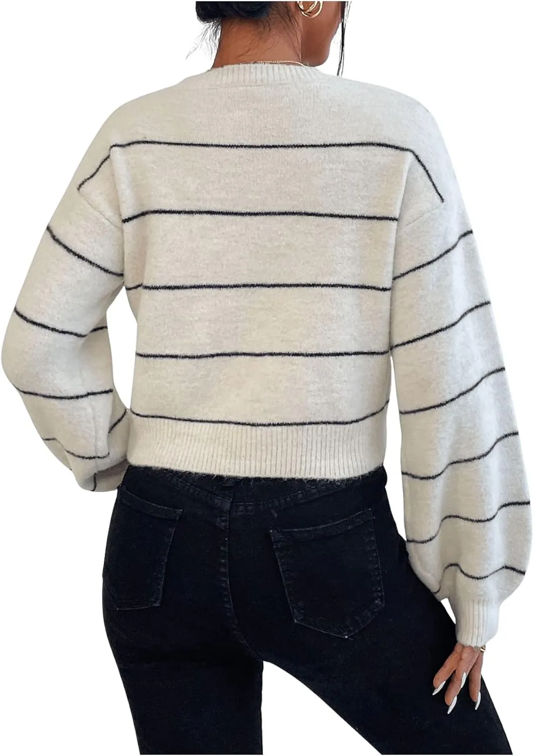 GORGLITTER Women's Striped Long Sleeve Sweaters Round Neck Drop Shoulder Pullover Crop Tops
