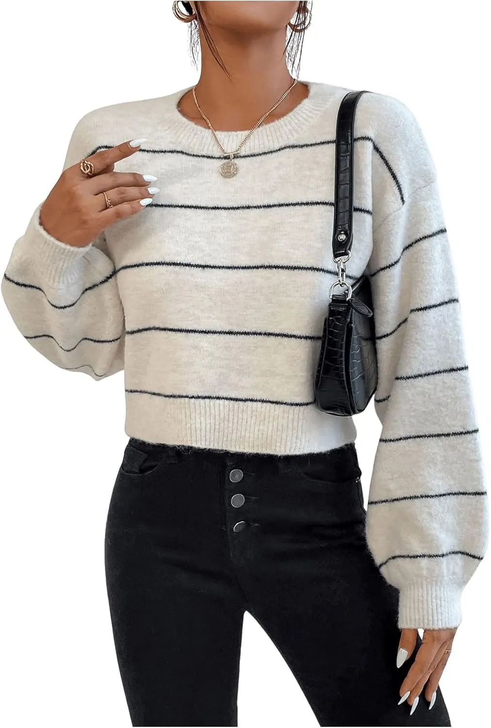 GORGLITTER Women's Striped Long Sleeve Sweaters Round Neck Drop Shoulder Pullover Crop Tops