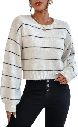GORGLITTER Women's Striped Long Sleeve Sweaters Round Neck Drop Shoulder Pullover Crop Tops