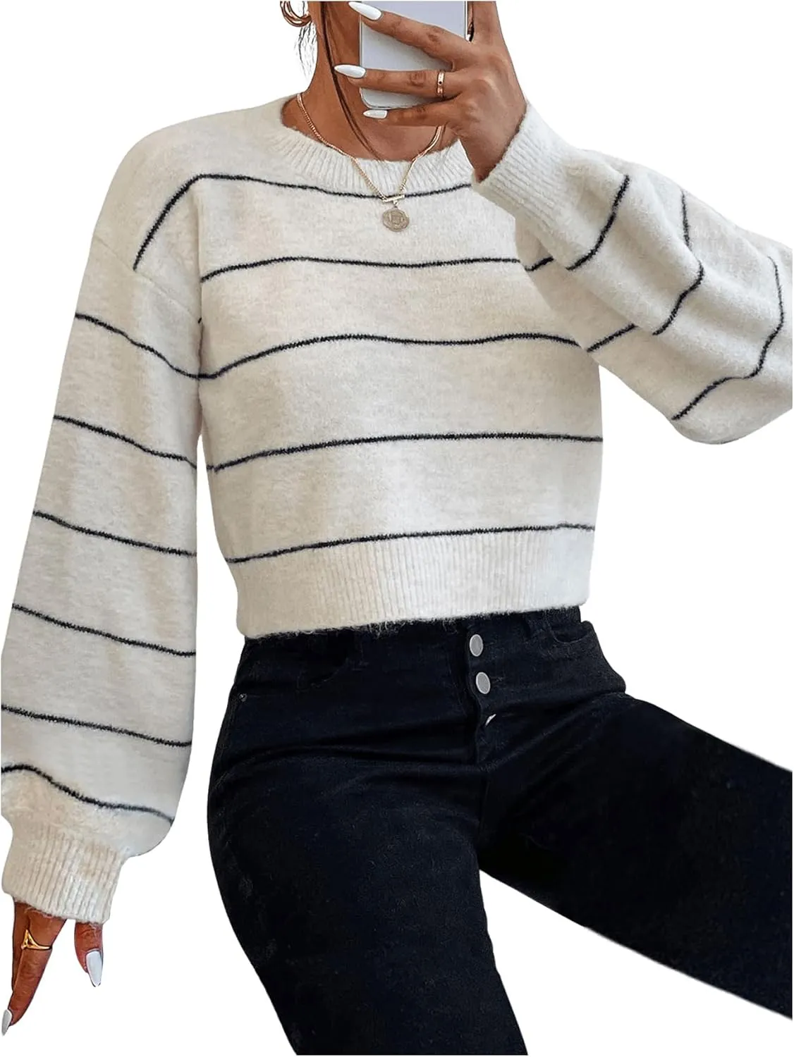 GORGLITTER Women's Striped Long Sleeve Sweaters Round Neck Drop Shoulder Pullover Crop Tops