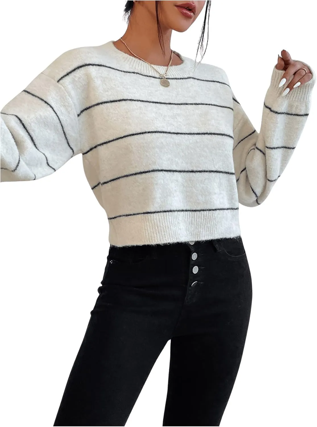 GORGLITTER Women's Striped Long Sleeve Sweaters Round Neck Drop Shoulder Pullover Crop Tops