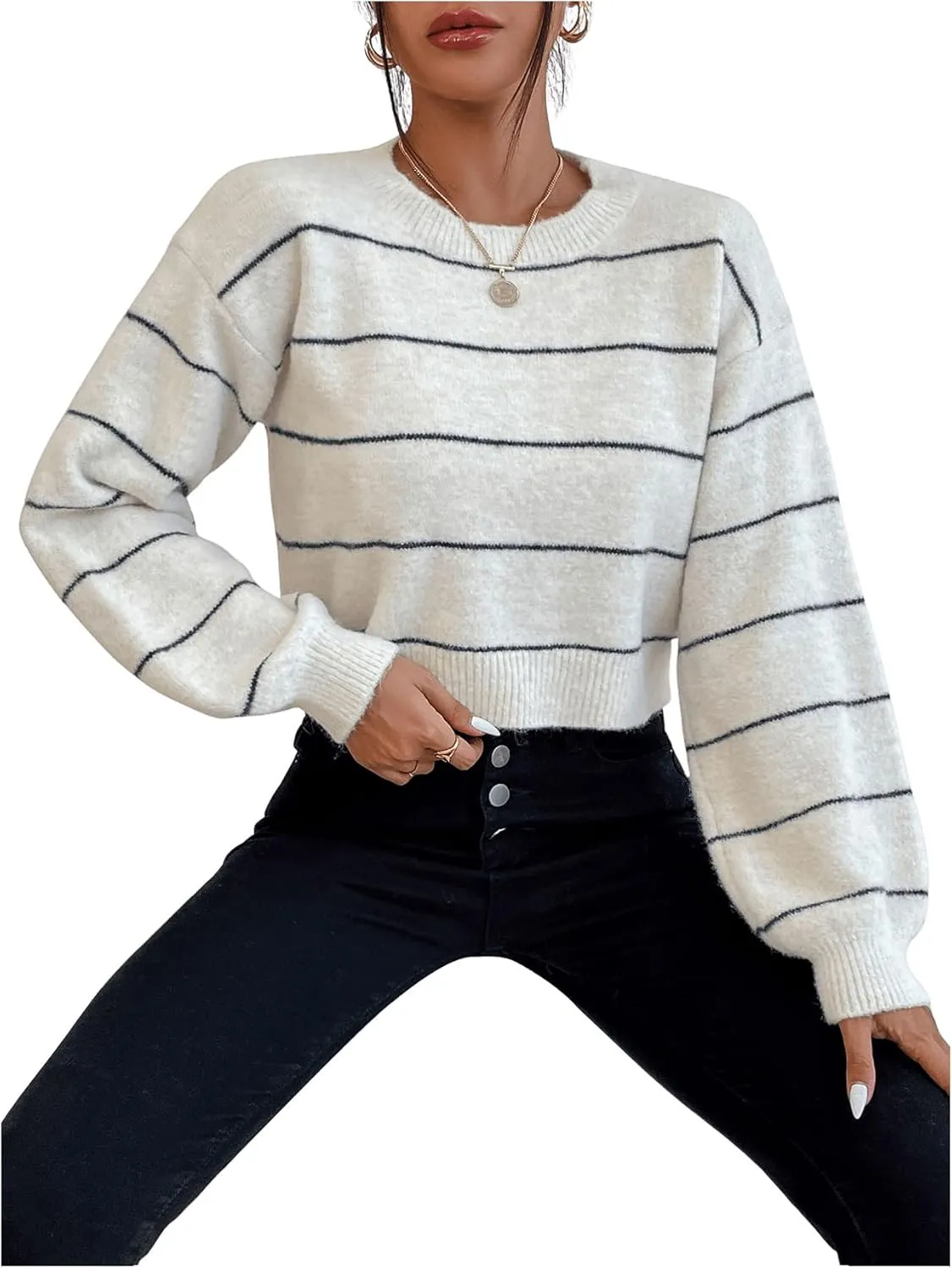 GORGLITTER Women's Striped Long Sleeve Sweaters Round Neck Drop Shoulder Pullover Crop Tops