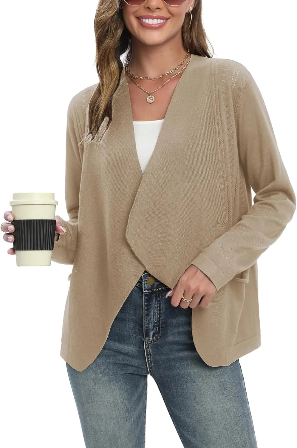 GRACE KARIN Women's Open Front Sweater Blazer Lapel Cardigan Sweater Long Sleeve Knitted Blazer Jackets with Pockets