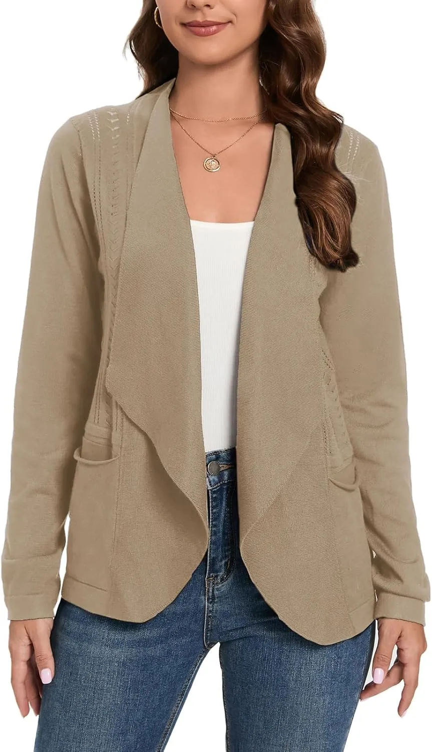 GRACE KARIN Women's Open Front Sweater Blazer Lapel Cardigan Sweater Long Sleeve Knitted Blazer Jackets with Pockets