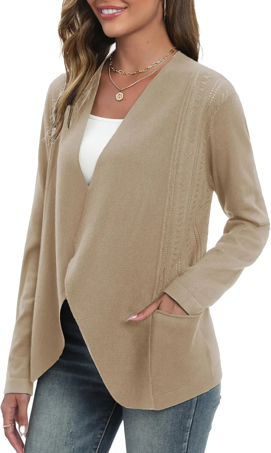 GRACE KARIN Women's Open Front Sweater Blazer Lapel Cardigan Sweater Long Sleeve Knitted Blazer Jackets with Pockets