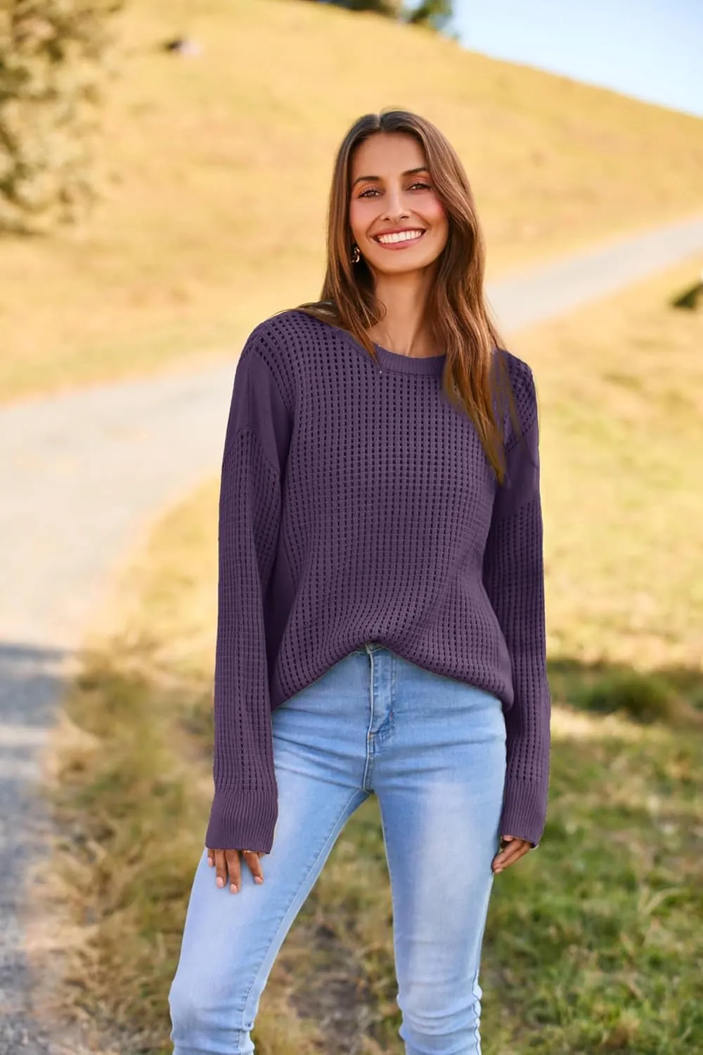 GRACE KARIN Women's Sweater 2024 Casual Loose Crew Neck Long Sleeve Crochet Fall Pullover Sweater Top