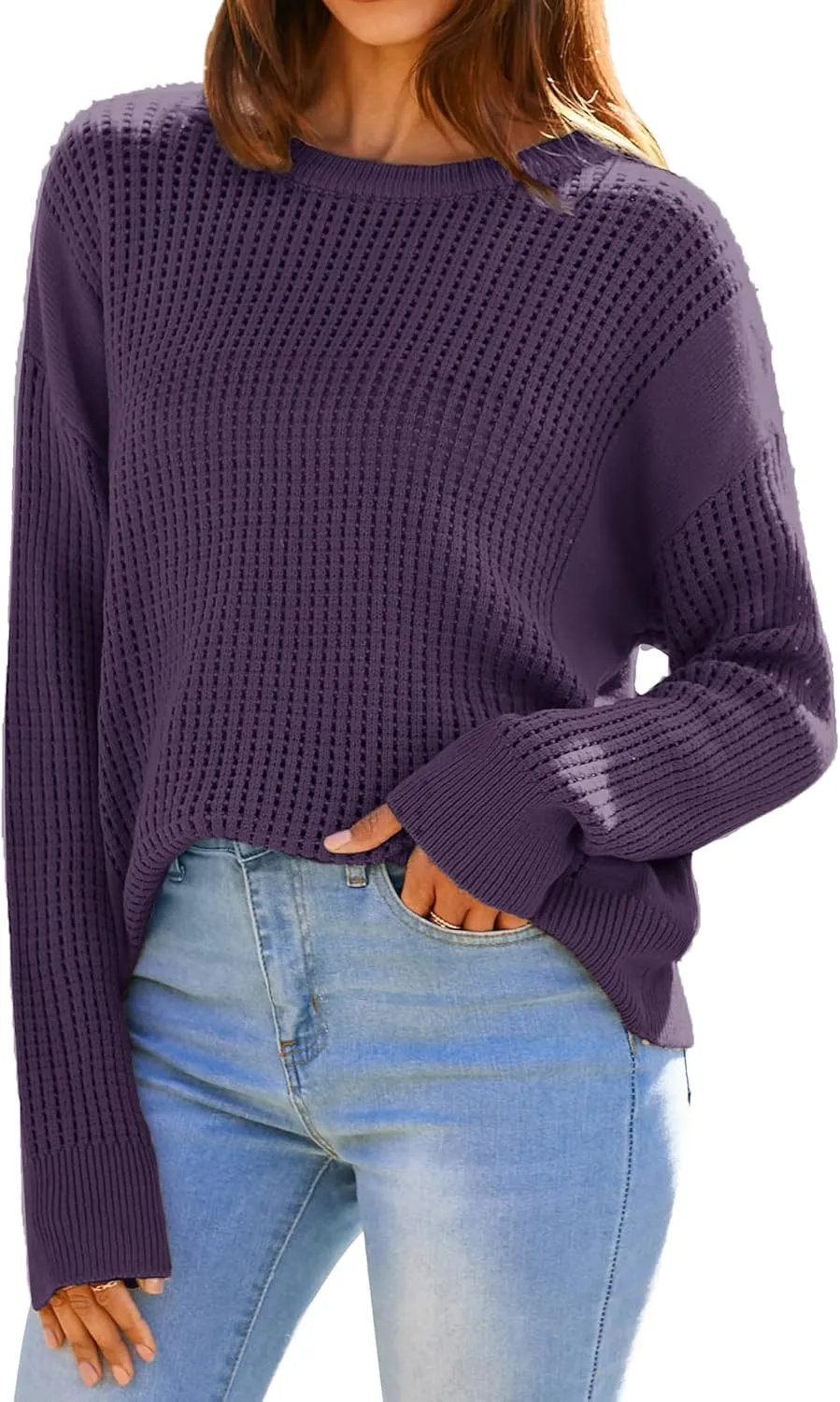 GRACE KARIN Women's Sweater 2024 Casual Loose Crew Neck Long Sleeve Crochet Fall Pullover Sweater Top