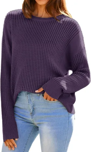 GRACE KARIN Women's Sweater 2024 Casual Loose Crew Neck Long Sleeve Crochet Fall Pullover Sweater Top