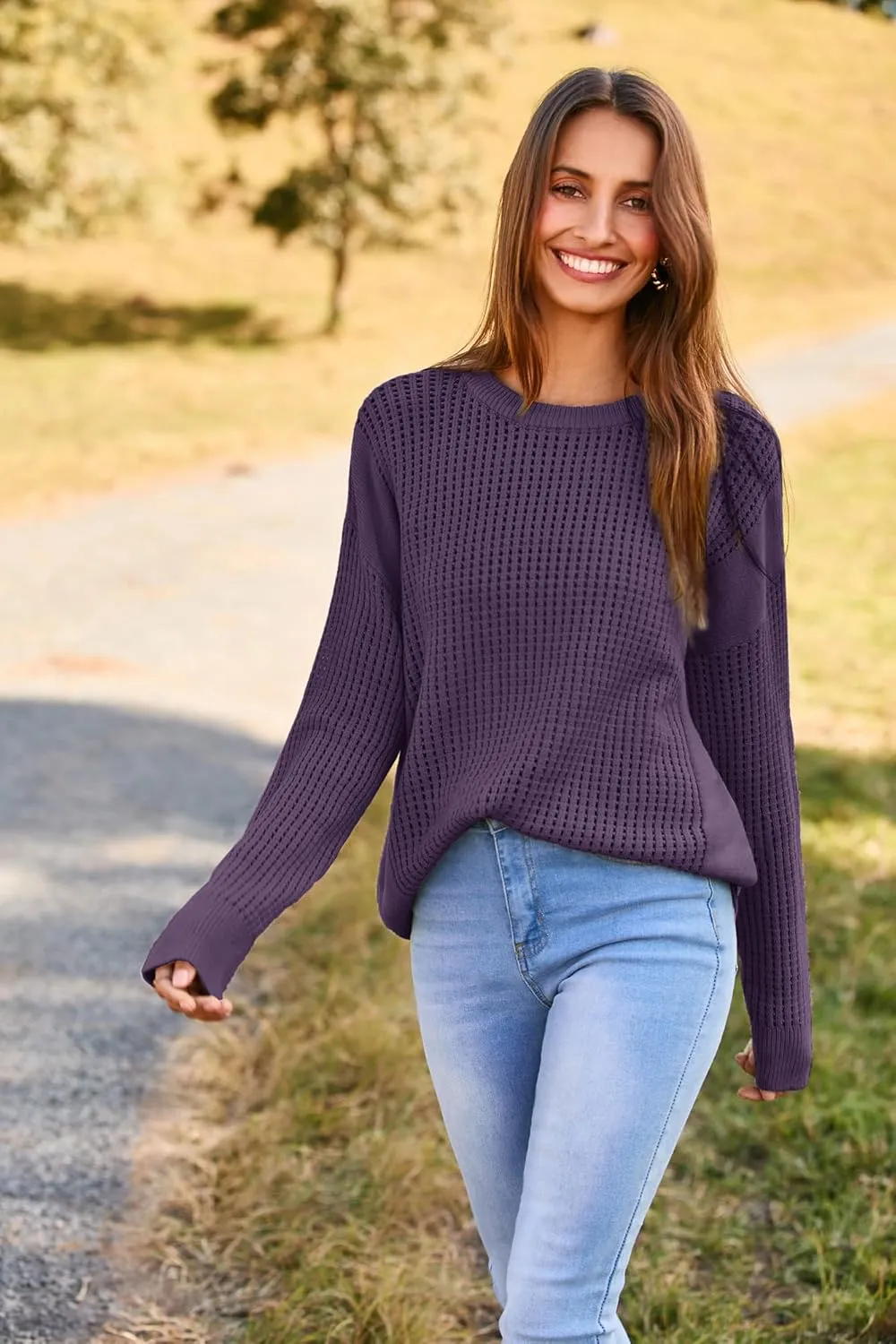 GRACE KARIN Women's Sweater 2024 Casual Loose Crew Neck Long Sleeve Crochet Fall Pullover Sweater Top