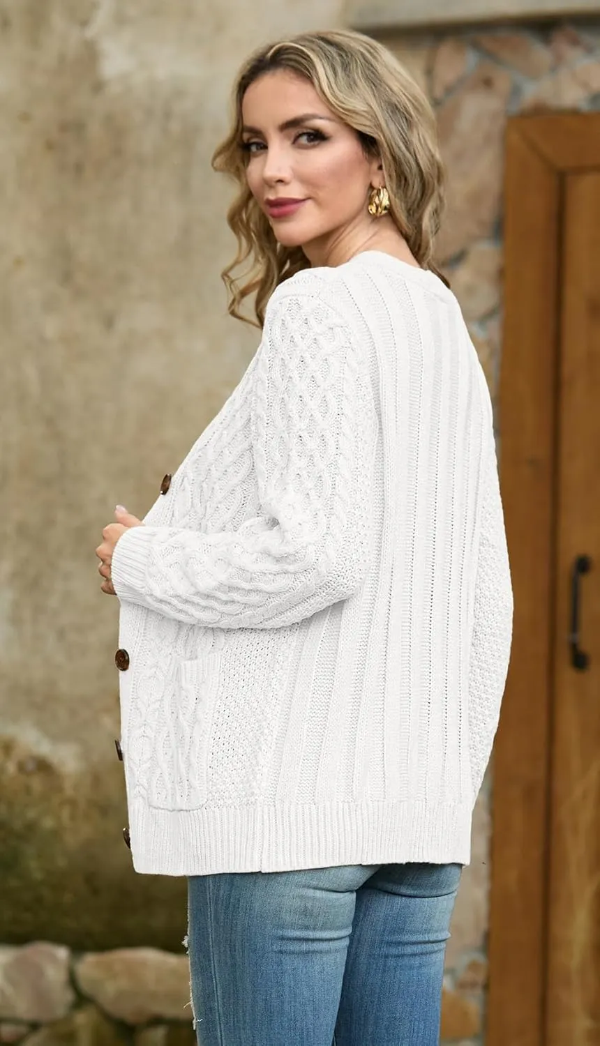 GRECERELLE Women 2024 Fall Long Sleeve Cable Knit Sweater Button Open Front Cardigan Loose Outerwear Coat with Pockets