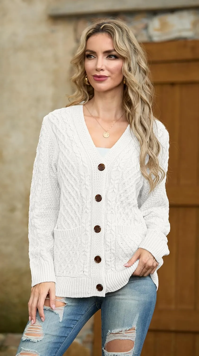 GRECERELLE Women 2024 Fall Long Sleeve Cable Knit Sweater Button Open Front Cardigan Loose Outerwear Coat with Pockets