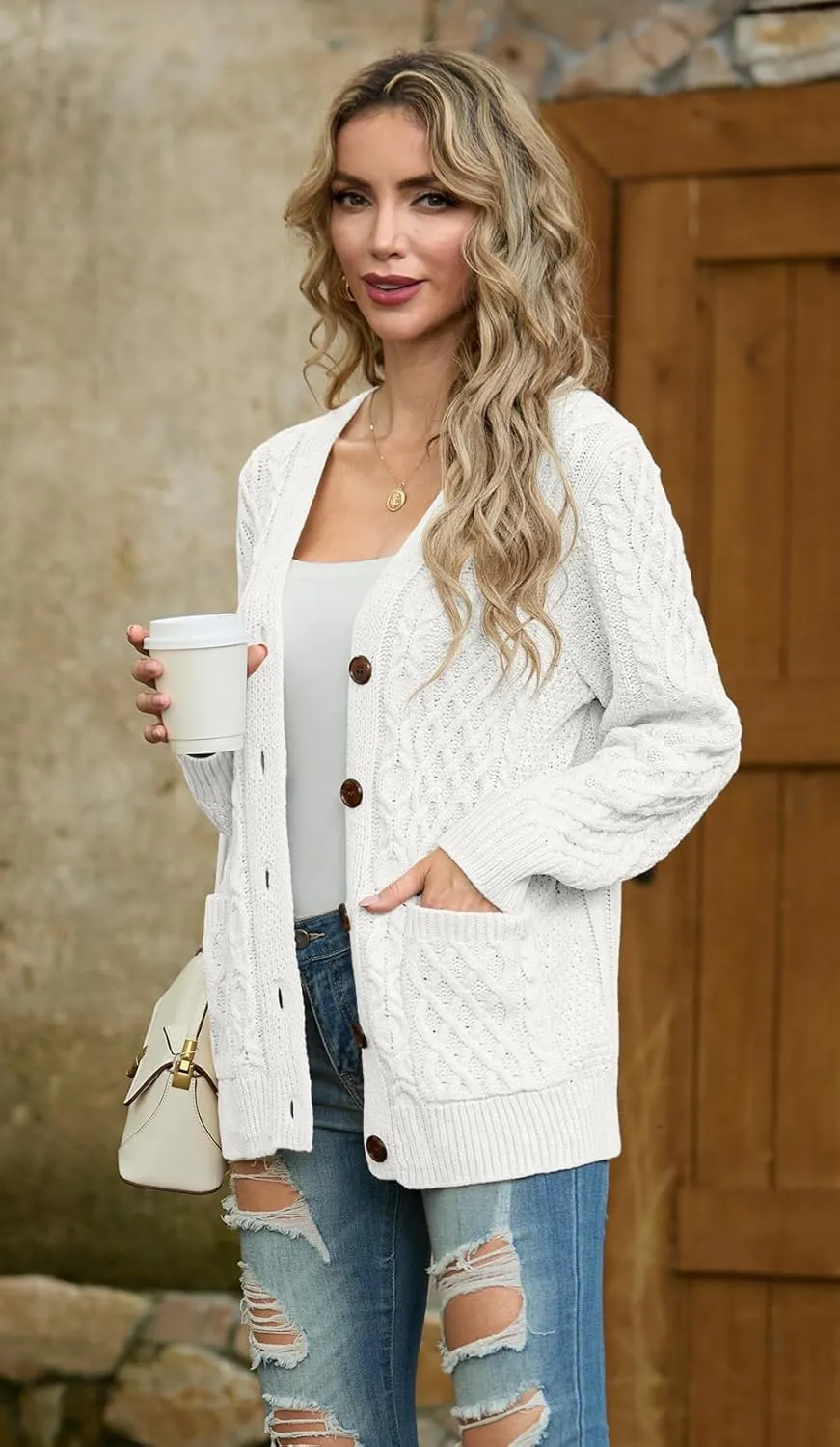 GRECERELLE Women 2024 Fall Long Sleeve Cable Knit Sweater Button Open Front Cardigan Loose Outerwear Coat with Pockets
