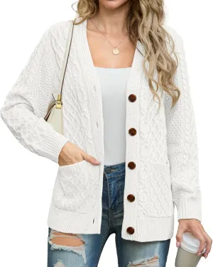 GRECERELLE Women 2024 Fall Long Sleeve Cable Knit Sweater Button Open Front Cardigan Loose Outerwear Coat with Pockets