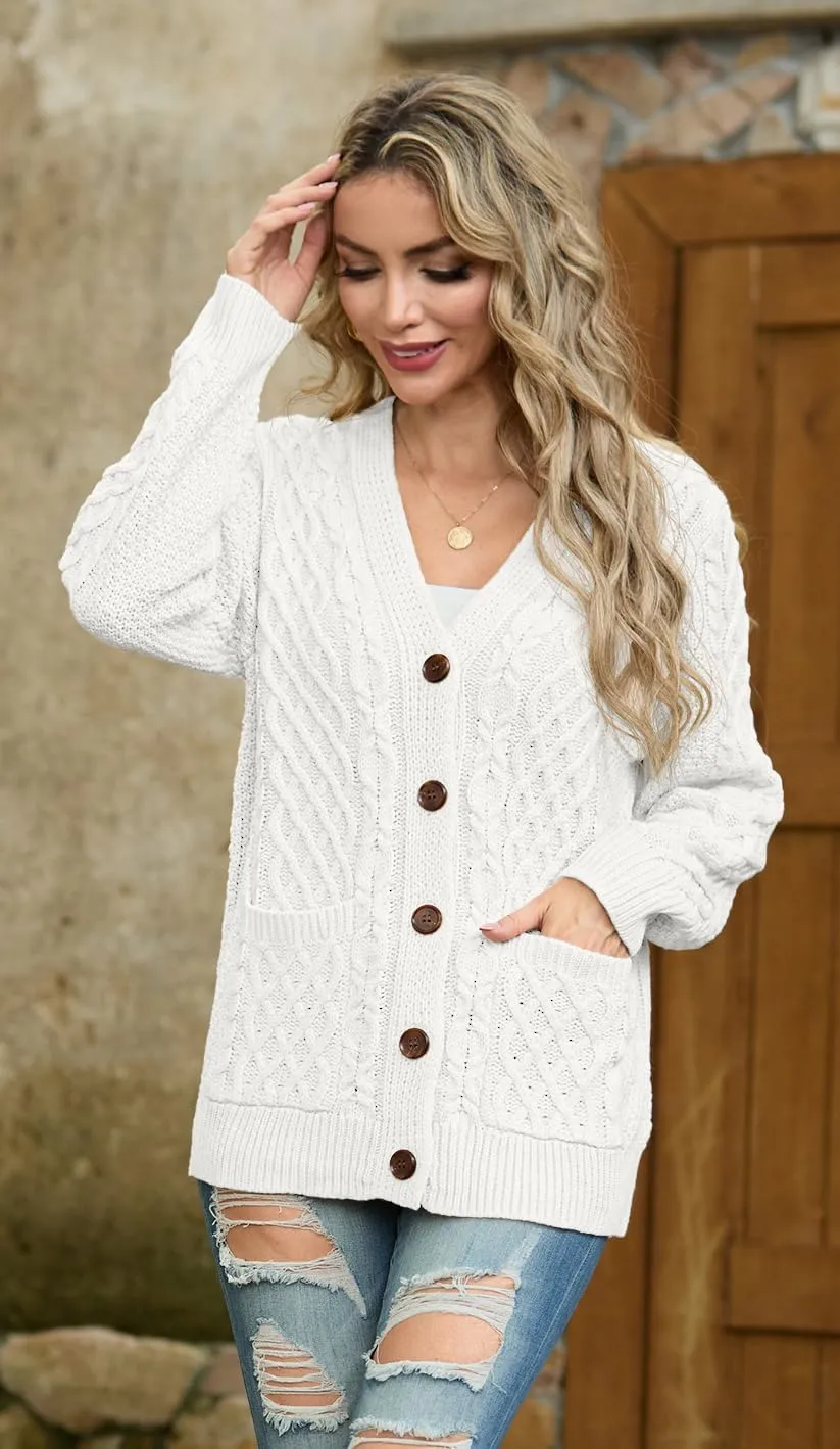 GRECERELLE Women 2024 Fall Long Sleeve Cable Knit Sweater Button Open Front Cardigan Loose Outerwear Coat with Pockets