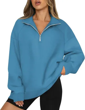 Gumipy Quarter Zip Pullover Women Fleece Stripe Color Block Half Zip Pullover Y2K Lapel Oversized Sweatshirt Long Sleeve Top