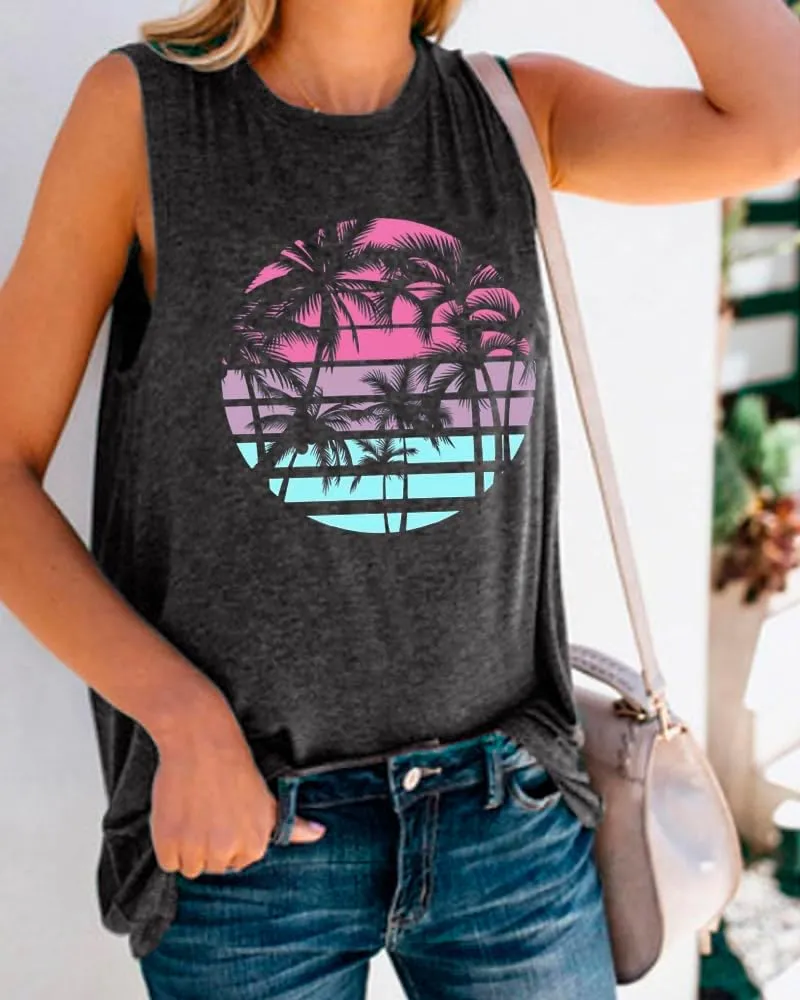 Hawaiian Beach Tank top for Women Summer Palm Tree Graphic Vacation Tops