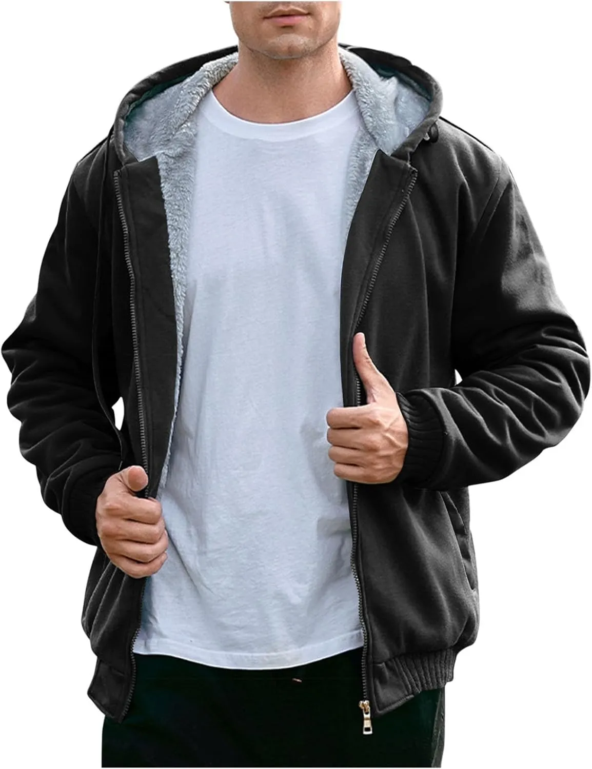 Heavyweight Fleece Hoodies for Men Full Zip Thick Sherpa Lined Sweatshirt Winter Warm Contrast Jackets with Pockets
